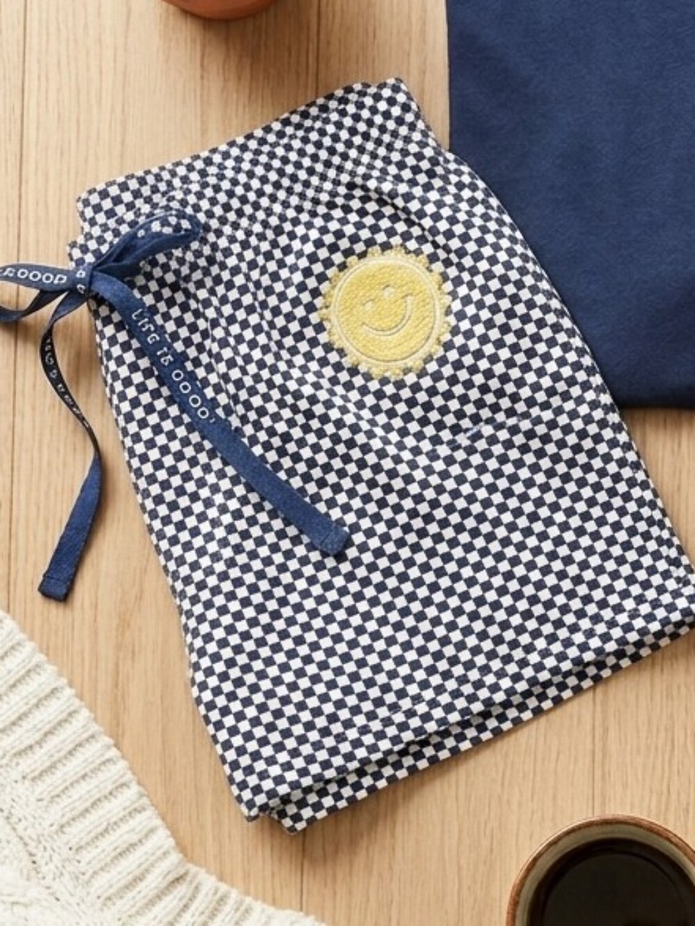 Life Is Good Navy & White Checkered Pajama Shorts with Yellow Smile Patch